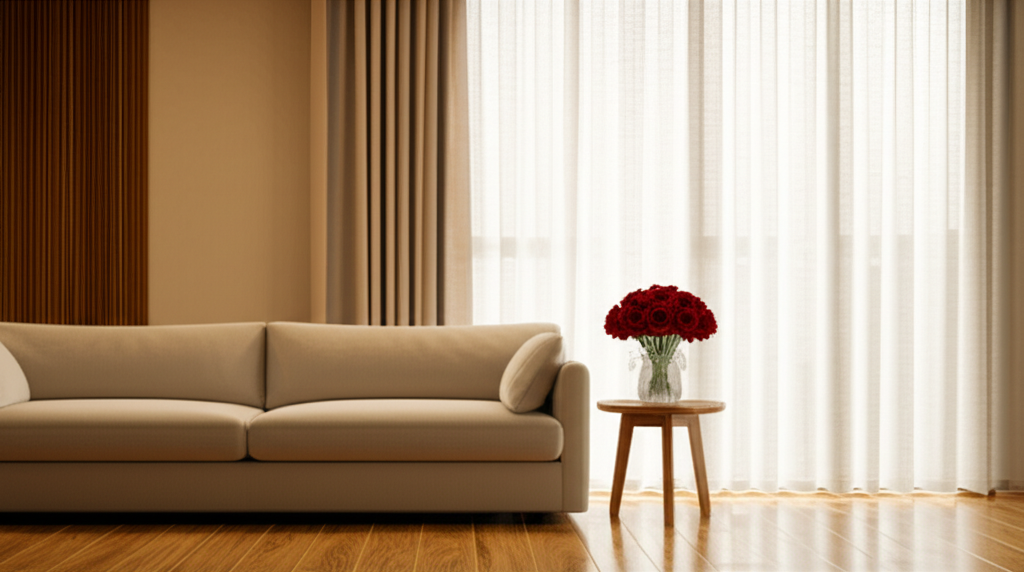 Sala de estar elegante con arreglo floral de San Valentín en mesa auxiliar, paleta tierra y luz cálida