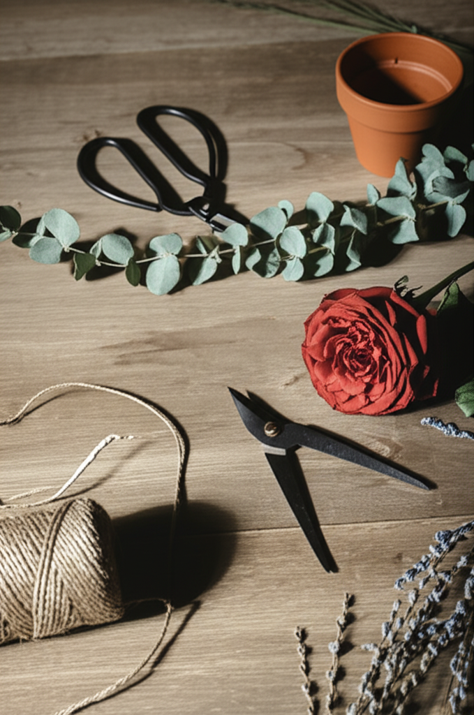 Materiales y herramientas de diseño floral: tijeras de jardín, eucalipto, rosa roja y cerámica artesanal